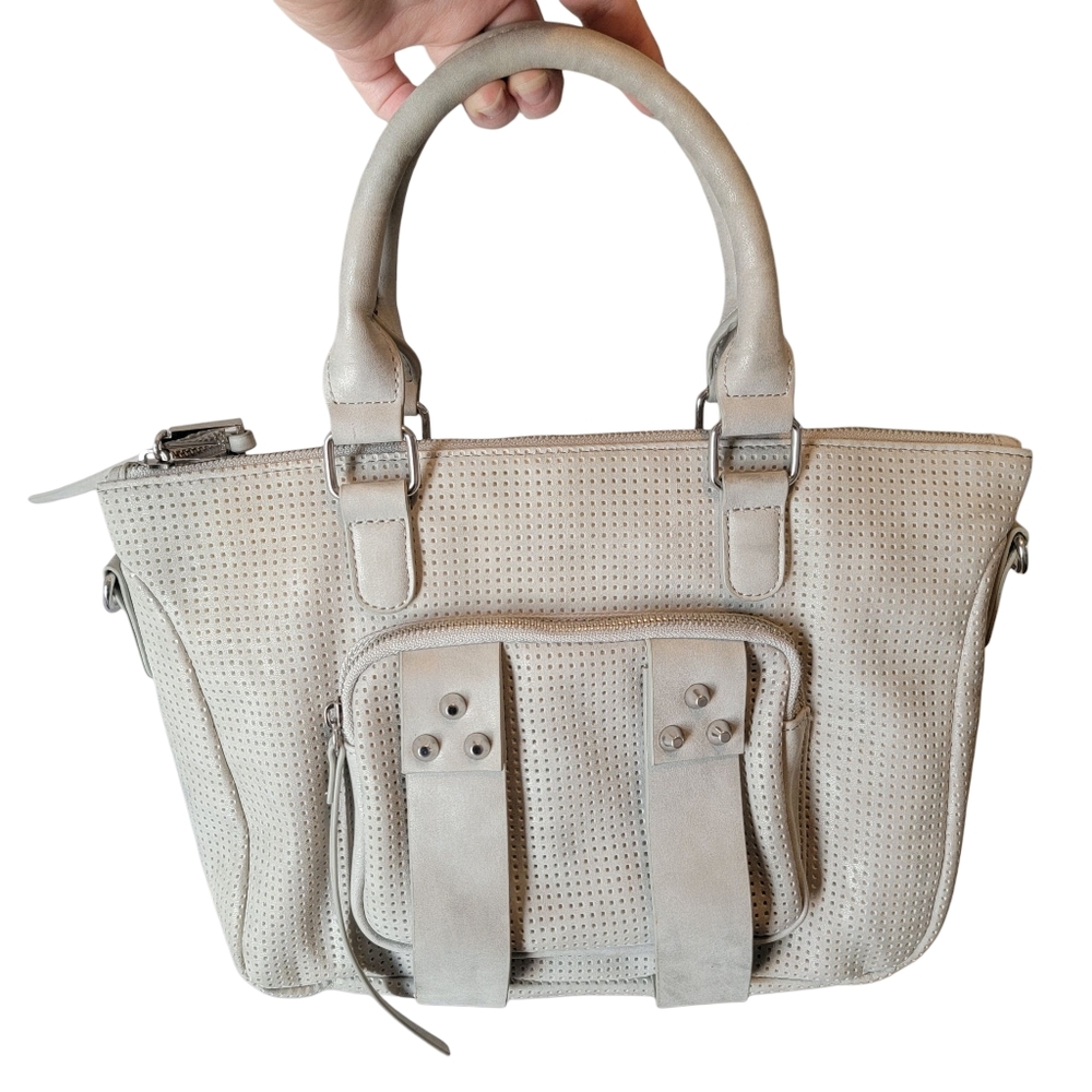 She + Lo Hobo Bag Gray Cutout Pattern Studded Faux Leather Missing Strap EUC